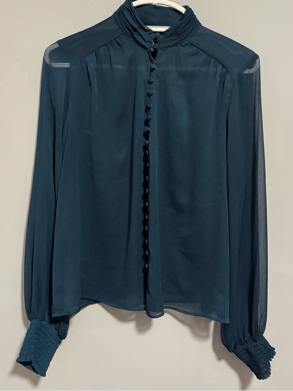 By Anthropologie- Teal Button-Down Blouse With High Neckline. Size 14